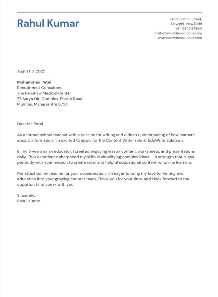 Example of a cover letter for a Career Switcher (From Teaching to Content Writing)
