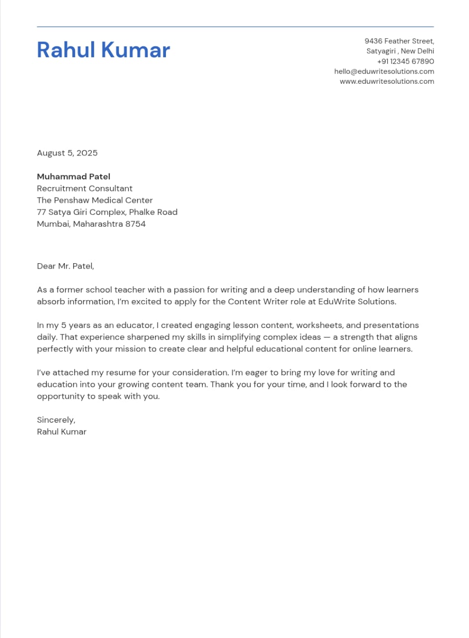 Example of a cover letter for a Career Switcher (From Teaching to Content Writing)