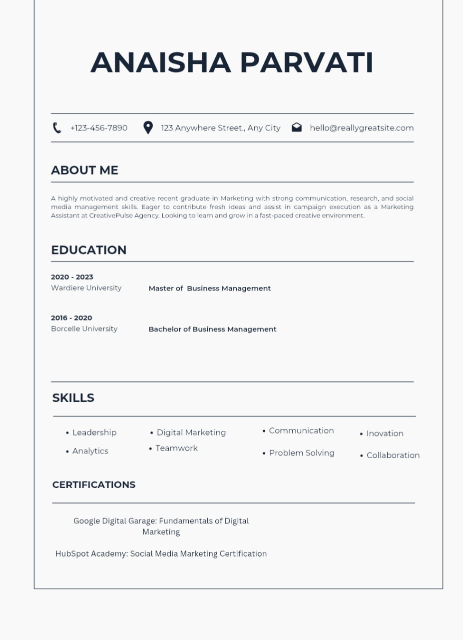 Example of a resume for a Fresh Graduate (No Experience)
Position: Marketing Assistant
Company: CreativePulse Agency