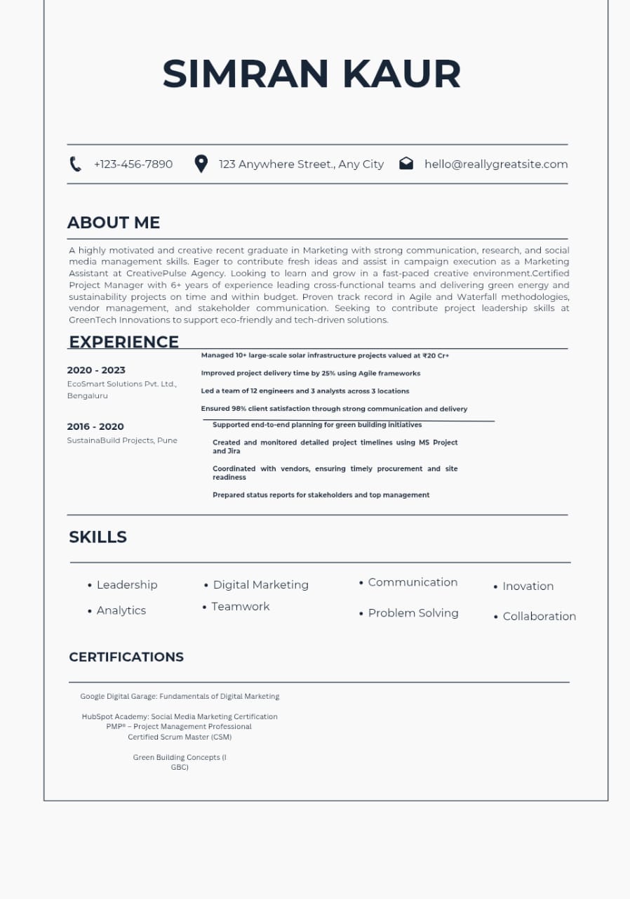 Example of a resume for an Experienced Professional
Position: Project Manager
Company: GreenTech Innovations