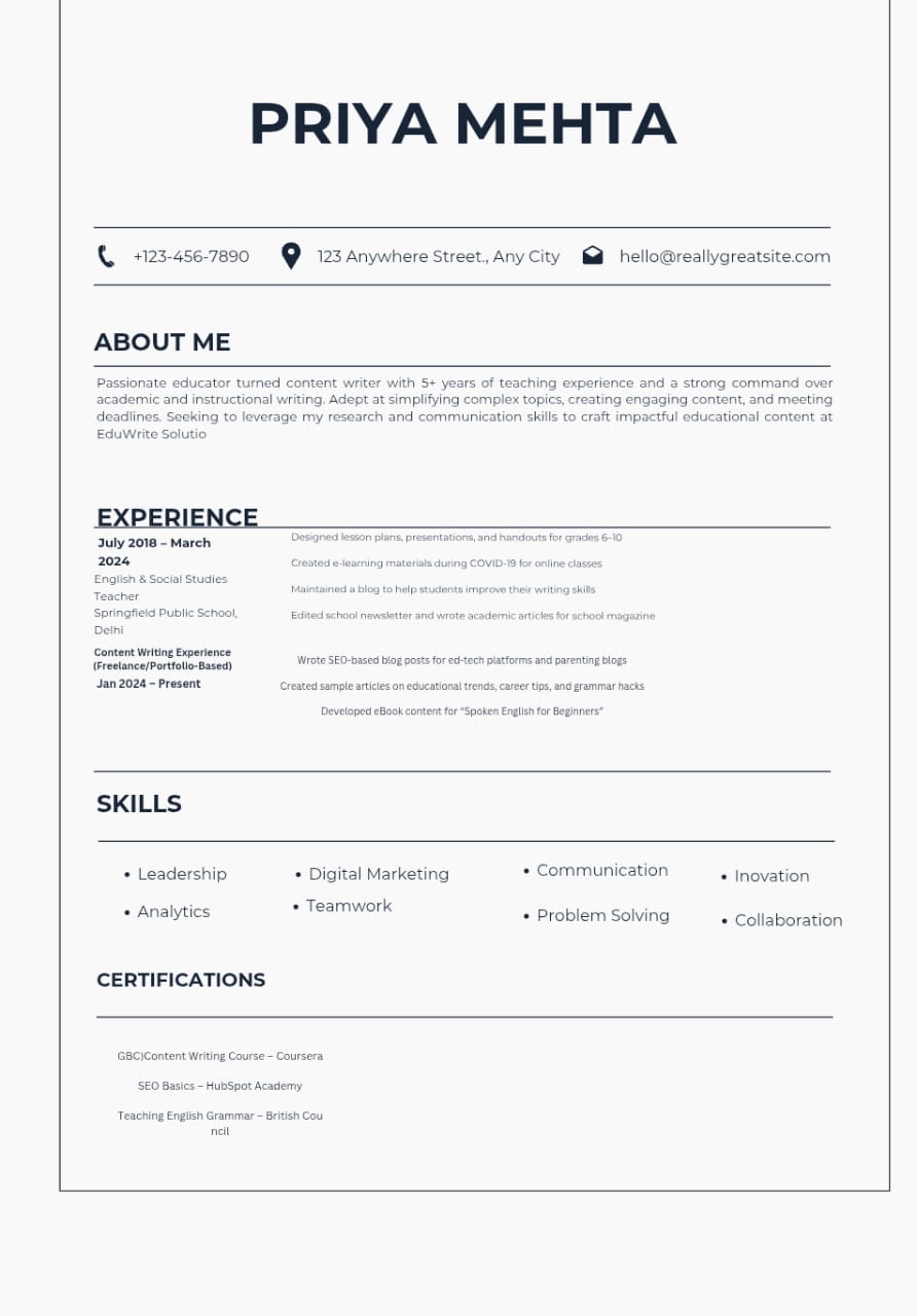 Resume Example for a Career Switcher (From Teaching to Content Writing)
Position: Content Writer
Company: EduWrite Solutions