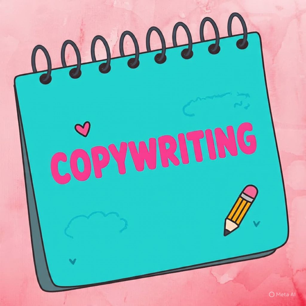 Cartoon notepad with 'Copy WRITING' in pink letters, teal background with clouds, pencil, on pink outer background."