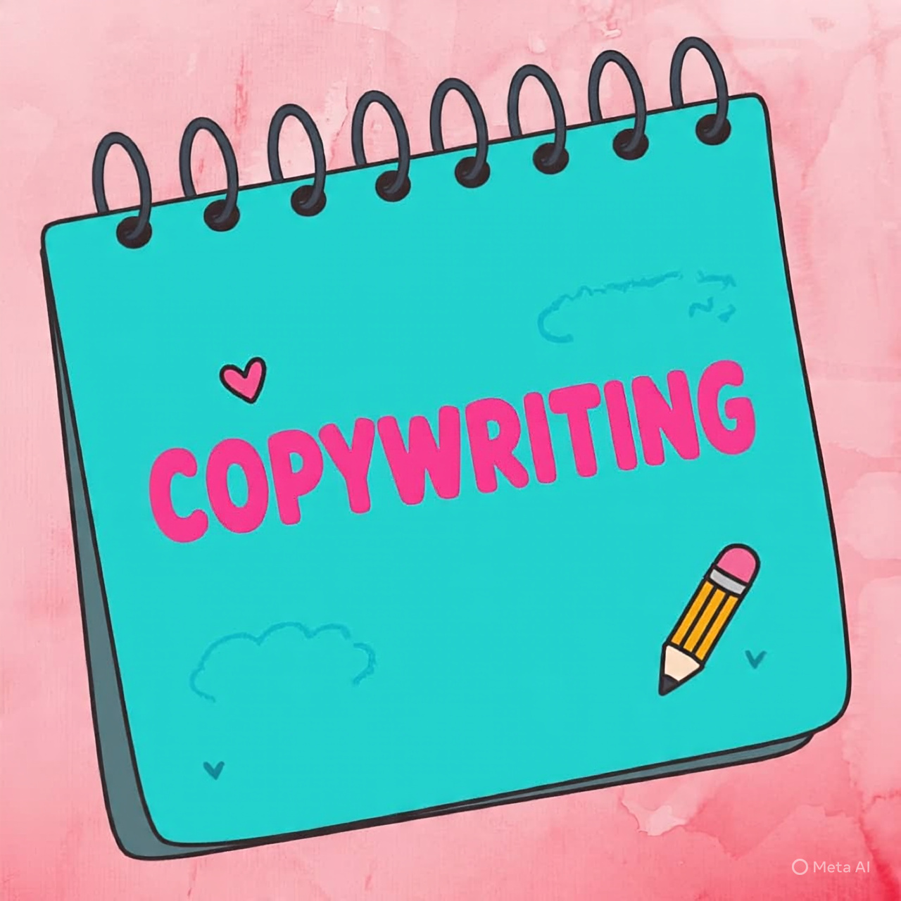 Cartoon notepad with 'Copy WRITING' in pink letters, teal background with clouds, pencil, on pink outer background."