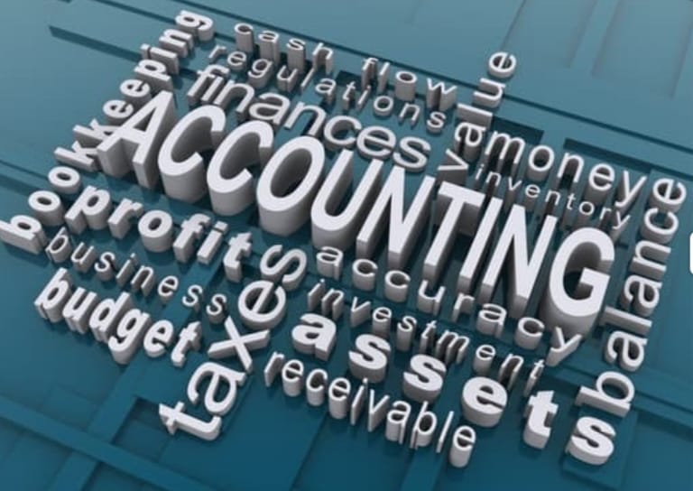 3D word cloud with the central word "ACCOUNTING" surrounded by related terms like taxes, assets, budget, profit, bookkeeping, finances, balance, and money.
