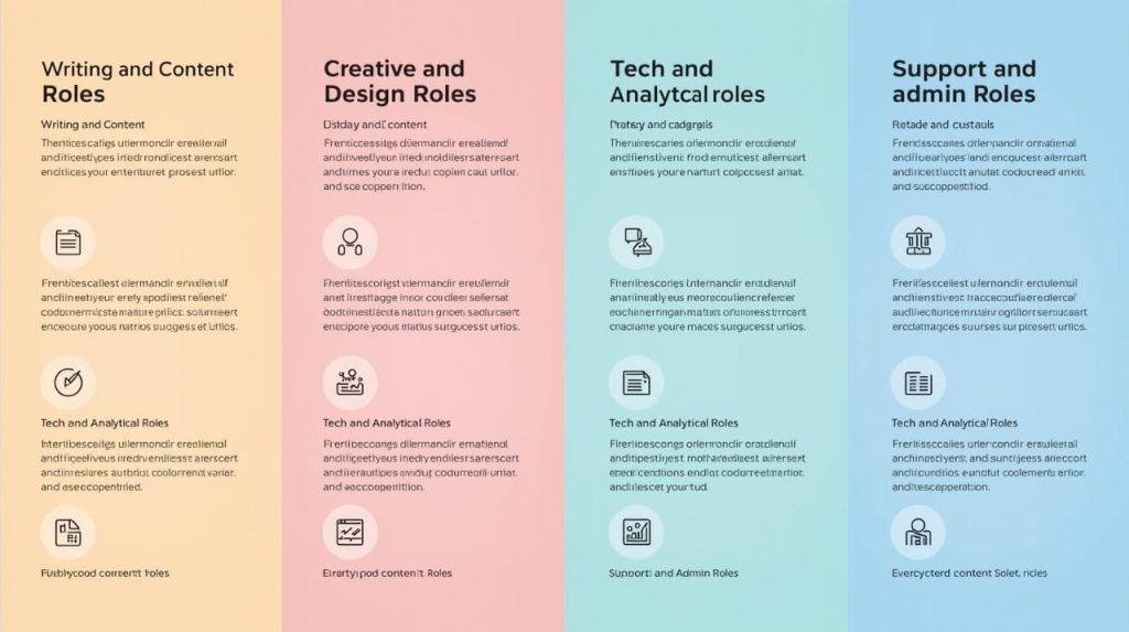 A visually appealing, modern infographic with clean lines and a balanced layout, showcasing different professional role categories. The categories include "Writing and Content Roles," "Creative and Design Roles," "Tech and Analytical Roles," and "Support and Admin Roles." Each section is distinct yet harmoniously integrated, utilizing a sophisticated color palette with subtle gradients. Icons representing each role category are clearly visible. The overall aesthetic is professional, organized, and easy to comprehend, with a clear hierarchy of information.