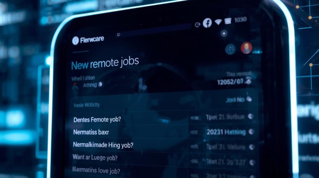 A modern, sleek AI interface displays a list of new remote job opportunities, with clean lines and a futuristic aesthetic, bathed in soft, cool-toned lighting.
