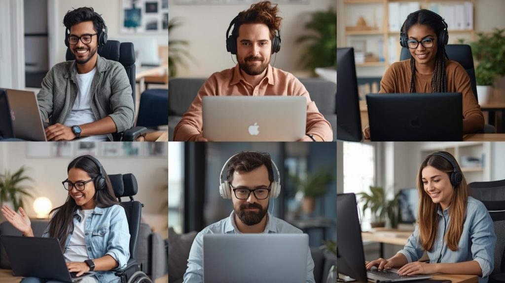 Diverse individuals with disabilities engaged in remote work, using assistive technologies, in comfortable home office setups, conveying productivity and focus.