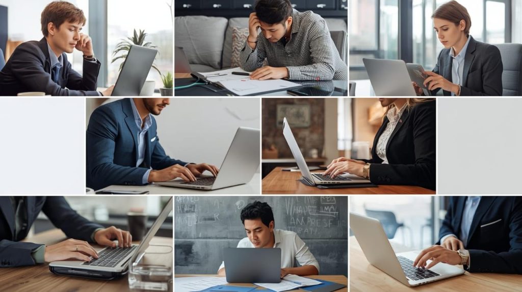A collage of distinct images, each featuring a person diligently working on a laptop, placed in a central position.