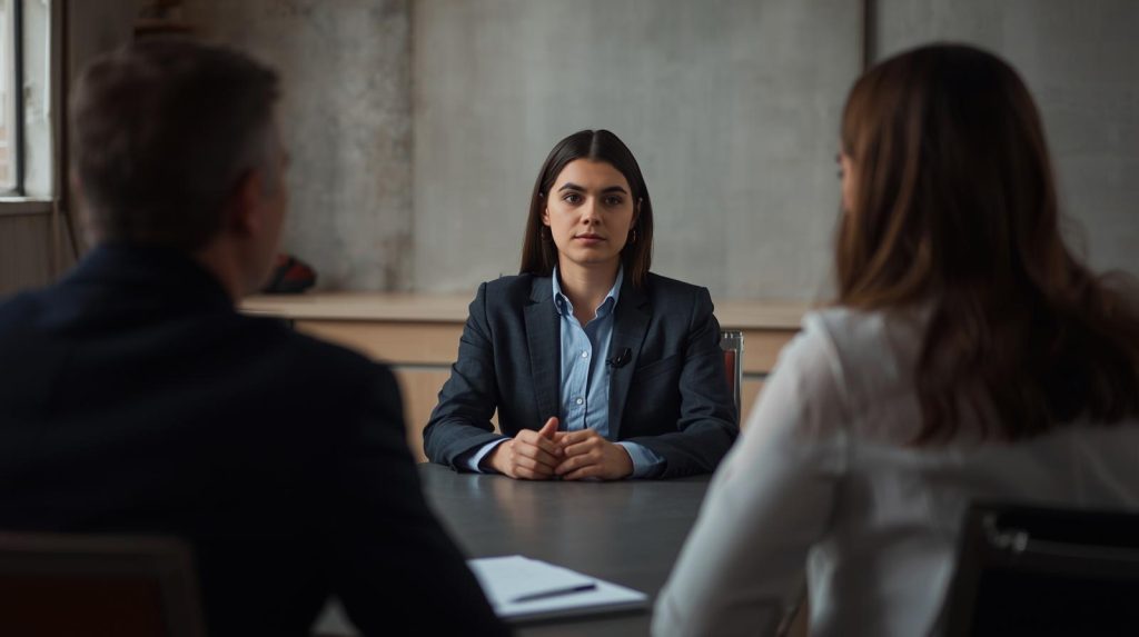 A professional interview setting with a subject seated across a table from an unseen interviewer, framed medium shot, natural lighting, realistic photography style.
