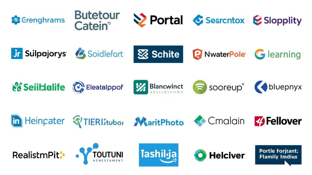 A digital illustration showcasing various popular job portal websites and logos arranged in a clean, organized layout, using a color palette of blues, greens, and whites to evoke professionalism and efficiency.