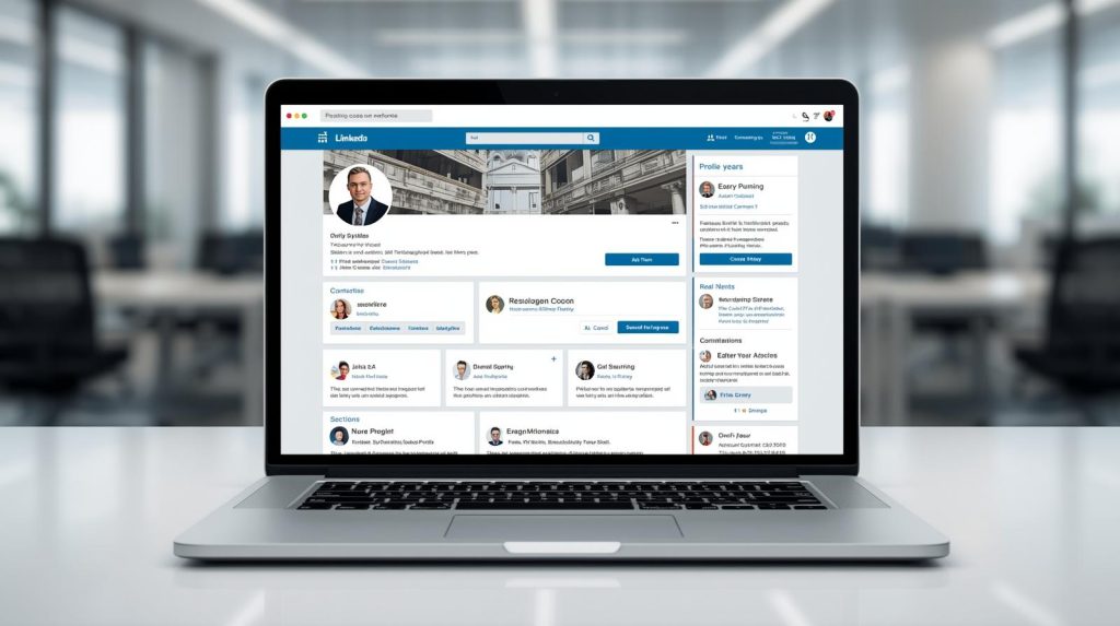 A professional and polished LinkedIn profile being optimized on a sleek laptop screen, with a focus on clear typography, professional headshots, and well-organized sections, rendered in a clean, modern digital art style with a color palette of blues, grays, and whites, set against a blurred office background.