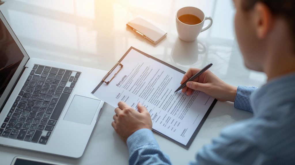 A focused individual meticulously reviewing and polishing their resume on a clean, well-lit desk with a laptop and a cup of coffee. The scene is rendered in a realistic photographic style, emphasizing the careful attention to detail in the document.
