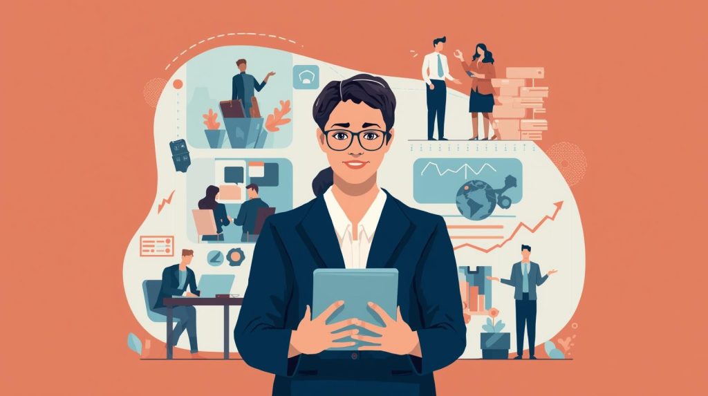 A professional individual crafting their personal brand, depicted through elements of professional development, networking, and strategic self-presentation, rendered in a modern, clean aesthetic with a focus on growth and achievement.