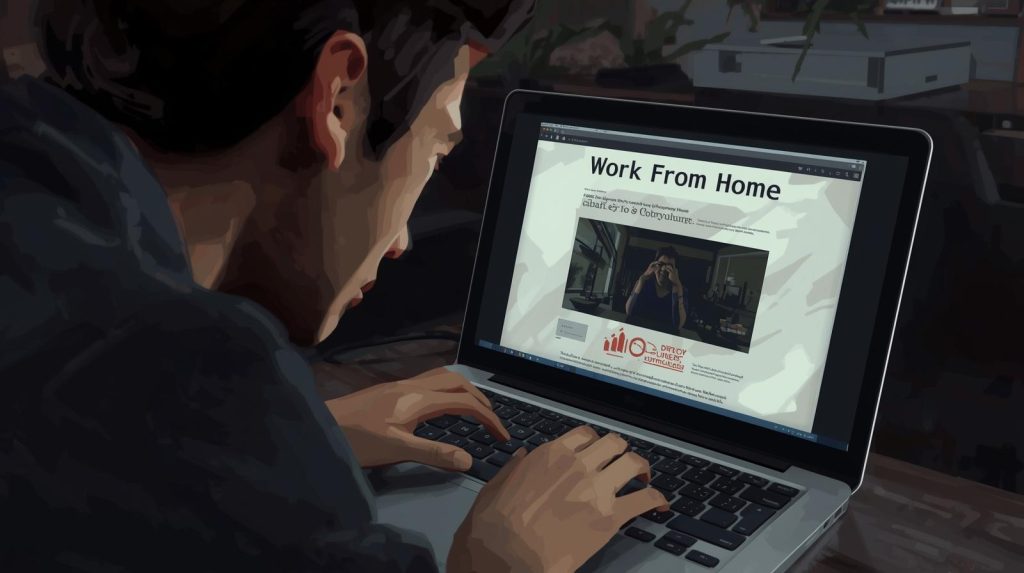 A person cautiously examining a laptop screen displaying a suspicious "work from home job offer," with subtle visual cues of unease on their face, rendered in a realistic digital painting style, with a muted color palette and a shallow depth of field focusing on the screen and the person's reaction.