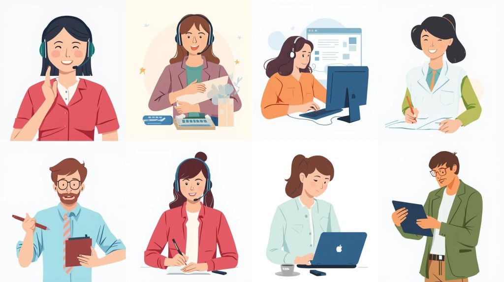 A collage of diverse digital illustrations depicting various professional roles: a friendly virtual assistant with a headset, an engaging online teacher in front of a digital whiteboard, a helpful customer support agent at a computer terminal, a creative illustrator sketching digitally, a meticulous graphic designer working with design software, a focused content writer typing on a laptop, and a dynamic social media manager interacting with a tablet. Each illustration is rendered in a clean, modern vector art style with a bright, optimistic color palette.