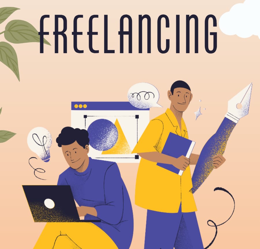 "Illustration of two people working on creative projects with the word 'FREELANCING' at the top. One person is using a laptop and the other is holding a notebook and a giant paintbrush, with design elements like a browser window, lightbulb, and swirls in the background."