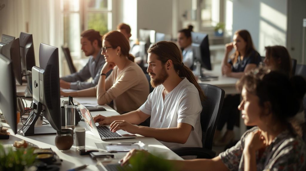 A diverse group of individuals diligently working from home, each at their own comfortable setup with laptops, monitors, and essential office supplies. The scene is bathed in warm, natural light, creating an inviting and productive atmosphere. The overall aesthetic is clean, modern, and professional, capturing the essence of flexible employment.