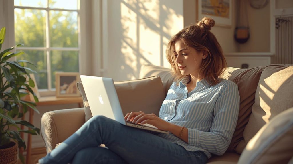 A person working comfortably from home, with a laptop, in a bright and cozy living space, soft natural light filtering in, warm color palette, realistic digital painting, medium shot