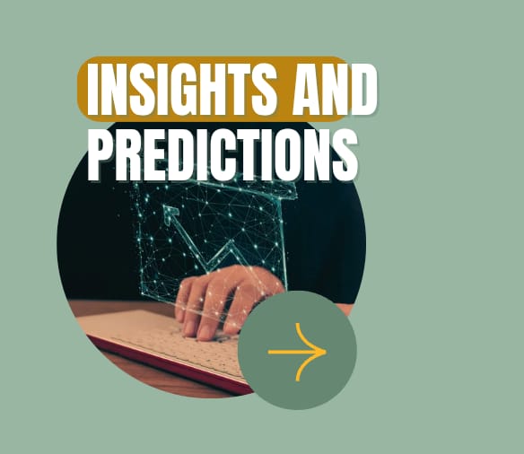 The image is a graphic titled "INSIGHTS AND PREDICTIONS".
- The title has "INSIGHTS" in white text on a mustard-yellow background, and "PREDICTIONS" in white text below it.
- There's a circular image in the middle showing a hand resting on a book or notebook.
- A transparent graph with lines and dots is overlaid on the hand and book.
- A green circle with a yellow arrow pointing right is at the bottom-right of the circular image.
- The background of the whole graphic is sage green.
