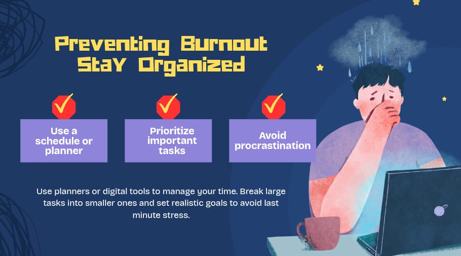 The image is an infographic titled "Preventing Burnout StaY Organized" in yellow text.
Below the title are three purple boxes with red checkmarks above them, each containing a tip to prevent burnout:
- Use a schedule or planner
- Prioritize important tasks
- Avoid procrastination
Underneath these boxes is a brief description in white text: "Use planners or digital tools to manage your time. Break large tasks into smaller ones and set realistic goals to avoid last minute stress."
On the right side of the image, there's an illustration of a person sitting at a desk with a laptop and a mug. The person looks stressed, with their hand on their face and "rain" falling above their head, symbolizing stress. The background is dark blue with some design elements like stars and swirls.
