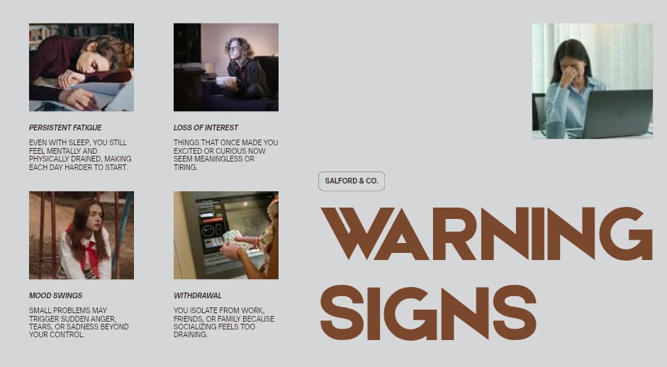 The image shows a graphic titled "WARNING SIGNS" from Salford & Co. with four warning signs related to mental or emotional burnout.
The four warning signs are:
- Persistent Fatigue: Even with sleep, you still feel mentally and physically drained, making each day harder to start.
- Loss of Interest: Things that once made you excited or curious now seem meaningless or tiring.
- Mood Swings: Small problems may trigger sudden anger, tears, or sadness beyond your control.
- Withdrawal: You isolate from work, friends, or family because socializing feels too draining.
Each warning sign has a corresponding image of a person experiencing distress or disinterest.