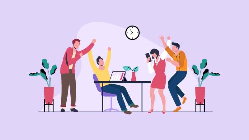 Looks like there's a major celebration going down in this office!  Four peeps are hyped AF, cheering and dancing like they've just hit a big milestone!  There's a dude in a red jacket vibin' on the left, another guy in yellow cheering from his seat with a laptop in front of him, and a girl in pink dress plus a guy in orange are bammin' it up on the right! Two potted plants bring some green vibes on the sides, clock's hangin' above the desk, and the whole scene's set against a chill lilac bg . What do you think they're celebrating?