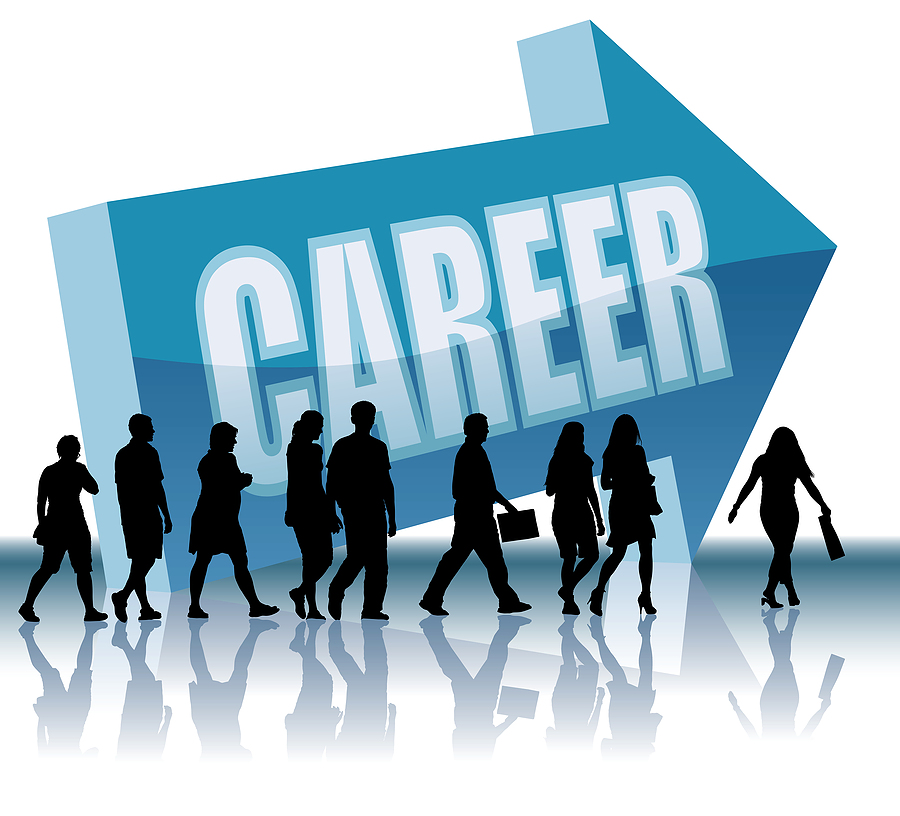“A large blue arrow pointing to the right with the word ‘CAREER’ written in bold white letters. In front of the arrow, silhouettes of people are walking forward, carrying bags and briefcases, symbolizing career growth, movement, and professional progression. Their reflections are visible on the shiny surface beneath them.”