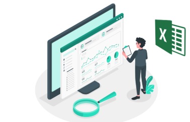 The image shows an illustration of a person in black attire standing next to a large computer monitor displaying a green‑themed spreadsheet or data‑analysis screen with line and pie charts. The person is holding a tablet, apparently interacting with the data on the screen. Next to the monitor is a magnifying glass, and on the right side of the scene is a green Excel icon (a white “X” on a green document).
