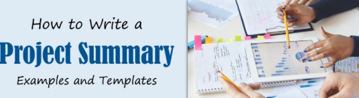 it looks like a banner or header image for a guide on writing project summaries. The text reads:
“How to Write a Project Summary – Examples and Templates”
It also shows people working with charts, papers, and sticky notes, which conveys collaboration and project analysis. This is a good visual for an article, blog post, or tutorial about creating project summaries.