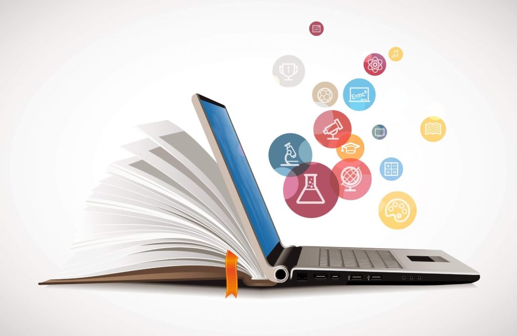 A laptop emerging from the pages of an open book, symbolizing digital learning and online education. Colorful circular icons representing different subjects and skills—such as science, technology, math, art, music, and global studies—float outward from the laptop screen, illustrating diverse learning fields available through online courses.