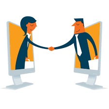 Illustration of a man and a woman wearing business attire, each appearing from separate computer screens and shaking hands. They both hold briefcases, symbolizing a virtual meeting or online professional interaction such as a remote interview or business agreement.