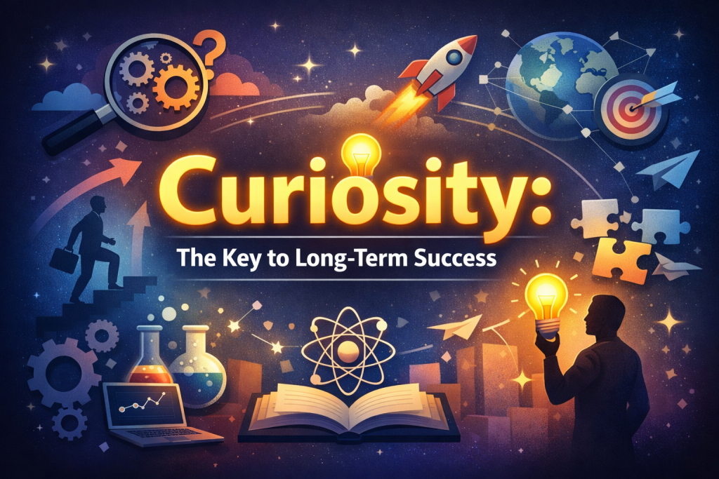 "Illustration for the article 'Curiosity: The Key to Long-Term Success' featuring a glowing title, a person climbing stairs, magnifying glass, lightbulbs, rocket, open book, laptop, gears, and abstract growth elements, symbolizing curiosity, problem-solving, and learning, in a vivid, professional design."