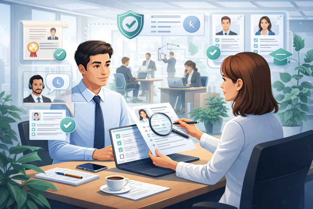 A recruiter carefully verifying a candidate’s profile by reviewing documents and digital records during an interview, representing credibility checks and background validation in a modern office environment.