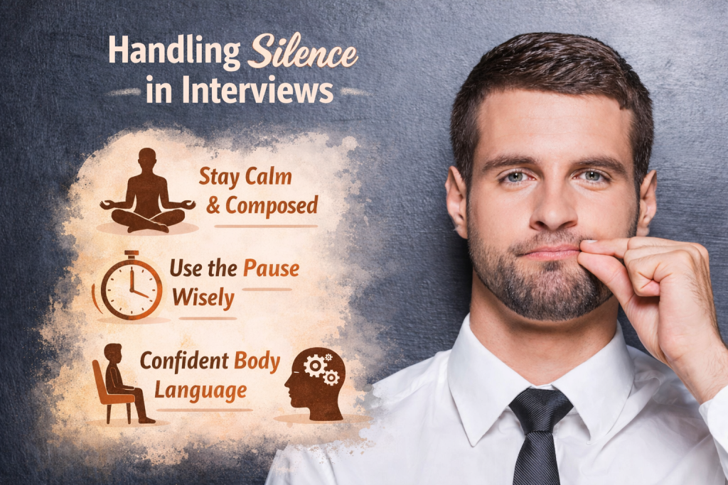"Professional man in a white shirt and black tie, holding his fingers near his lips in a thoughtful pose against a dark background. Subtle icons around him represent calmness, pausing, confident body language, and thinking before speaking, illustrating strategies for handling silence during interviews."