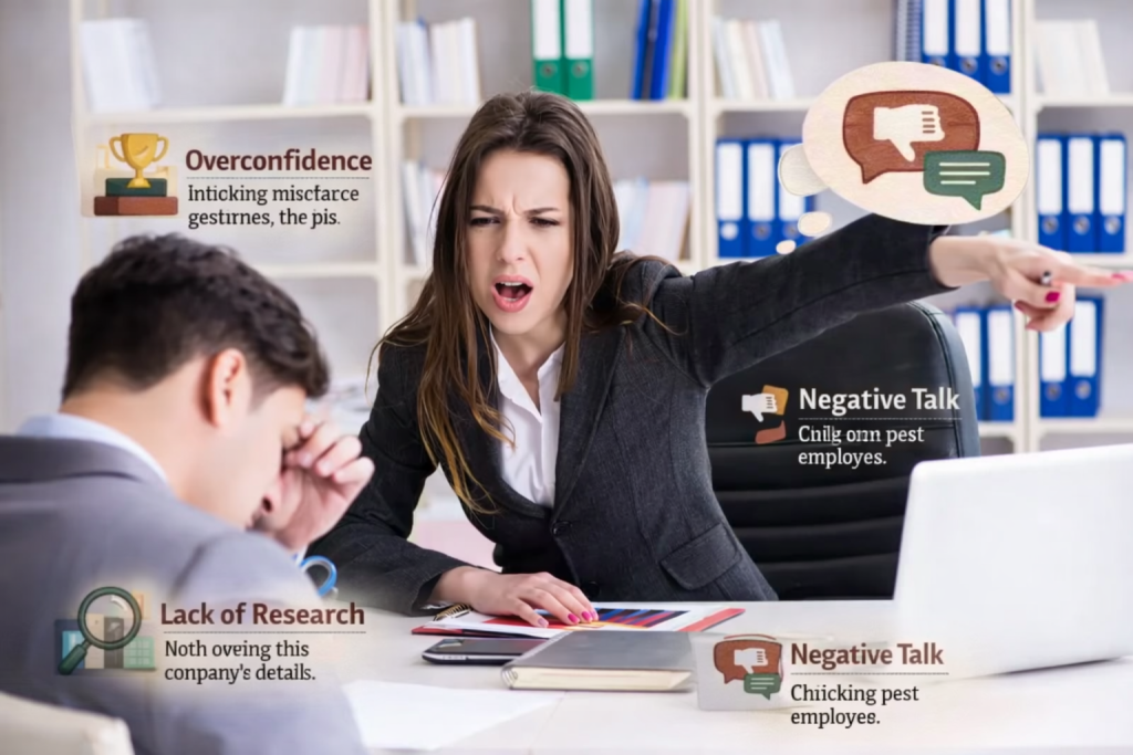 "Office interview scene showing a frustrated female interviewer pointing while a male candidate looks stressed. Thought bubbles and icons highlight common interview mistakes including overconfidence, lack of research, weak communication, and negative talk. The image visually represents challenges candidates face during interviews in a professional, modern style."