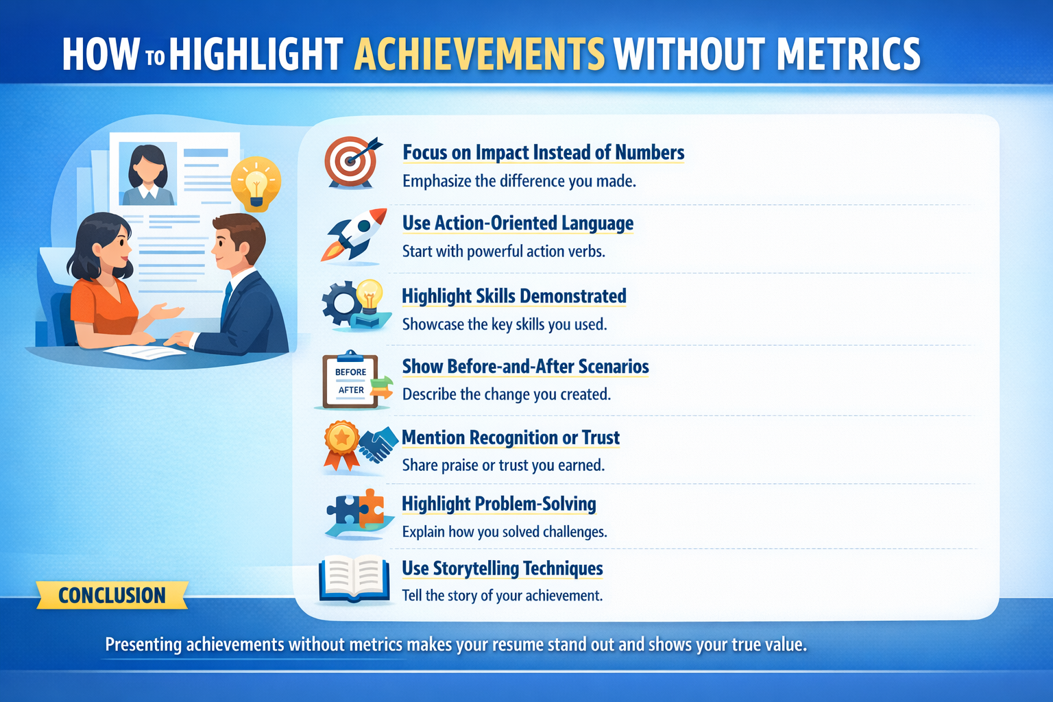 Infographic explaining how to highlight resume achievements without metrics, including impact, action-oriented language, skills, storytelling, and problem-solving.