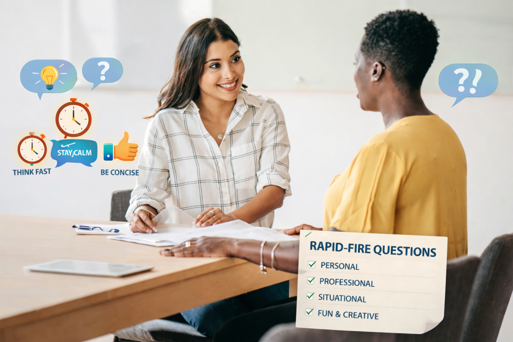 "Two women engaged in a job interview at a modern office table. The interviewer, holding a pen, smiles confidently while the candidate listens attentively. Around them, visual tips for handling rapid-fire interview questions appear, including speech bubbles and icons with 'Think Fast,' 'Stay Calm,' and 'Be Concise.' A checklist in the corner lists types of rapid-fire questions: Personal, Professional, Situational, and Fun & Creative."

