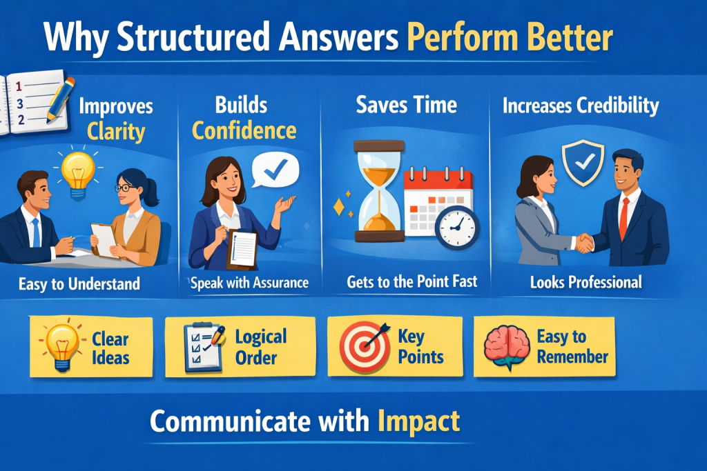 "Infographic titled 'Why Structured Answers Perform Better' showing four key benefits: Improves Clarity, Builds Confidence, Saves Time, and Increases Credibility. Each benefit is illustrated with people, icons, and text. Bottom section highlights Clear Ideas, Logical Order, Key Points, and Easy to Remember. The design uses blue and yellow colors to make information visually clear and engaging."