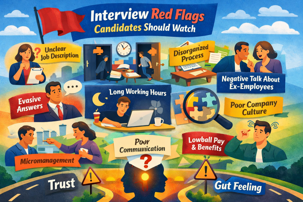 "Colorful infographic titled 'Interview Red Flags Candidates Should Watch' showing a diverse group of candidates in an interview setting. Visual cues highlight key red flags like unclear job description, disorganized process, negative talk about ex-employees, evasive answers, long working hours, poor company culture, micromanagement, poor communication, low pay and benefits, and trusting your gut feeling. Bright, engaging colors with office and discussion elements, 1600x778px."