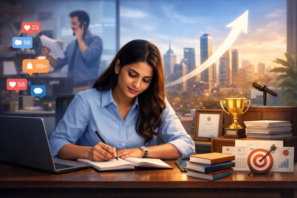 "A young South Asian professional woman focused at her desk, writing in a notebook with a laptop, documents, and a coffee cup nearby. In the background, blurred coworkers and office elements symbolize distractions. An upward-trending graph and glowing arrow represent career growth and the power of focus."