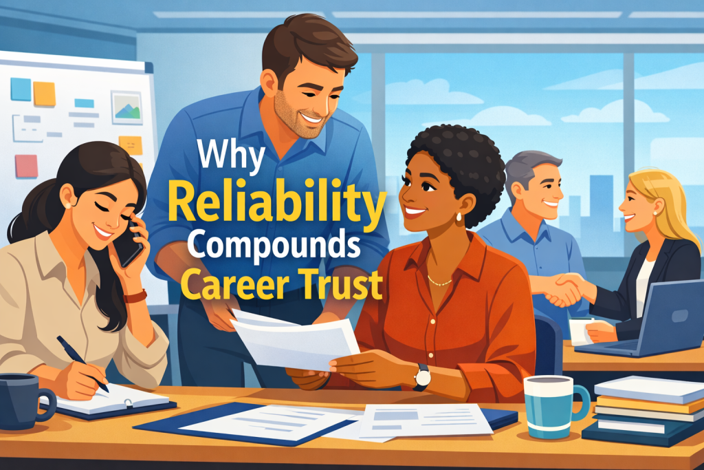“Animated illustration of office professionals working together and reviewing tasks, showing how reliability compounds career trust and professional relationships.”