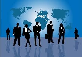 "Silhouettes of six business professionals standing in front of a world map, representing global careers and international job opportunities."