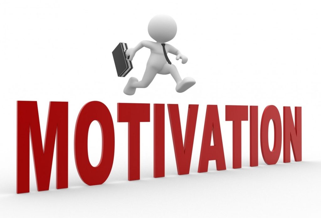 3D illustration of a person in business attire running while holding a briefcase over the word “Motivation,” symbolizing drive, ambition, and career growth.