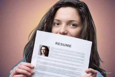 A woman with long brown hair holding a resume sheet in front of her face, revealing only her eyes above the paper; the resume has the word “RESUME” at the top with a small photo and blurred text, set against a peach‑orange gradient background.