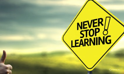The alt text for the modified image is: "A yellow diamond-shaped road sign with black text reading 'NEVER STOP LEARNING' and a thumbs-up emoji on the right side, set against a blurred green and yellow landscape background."