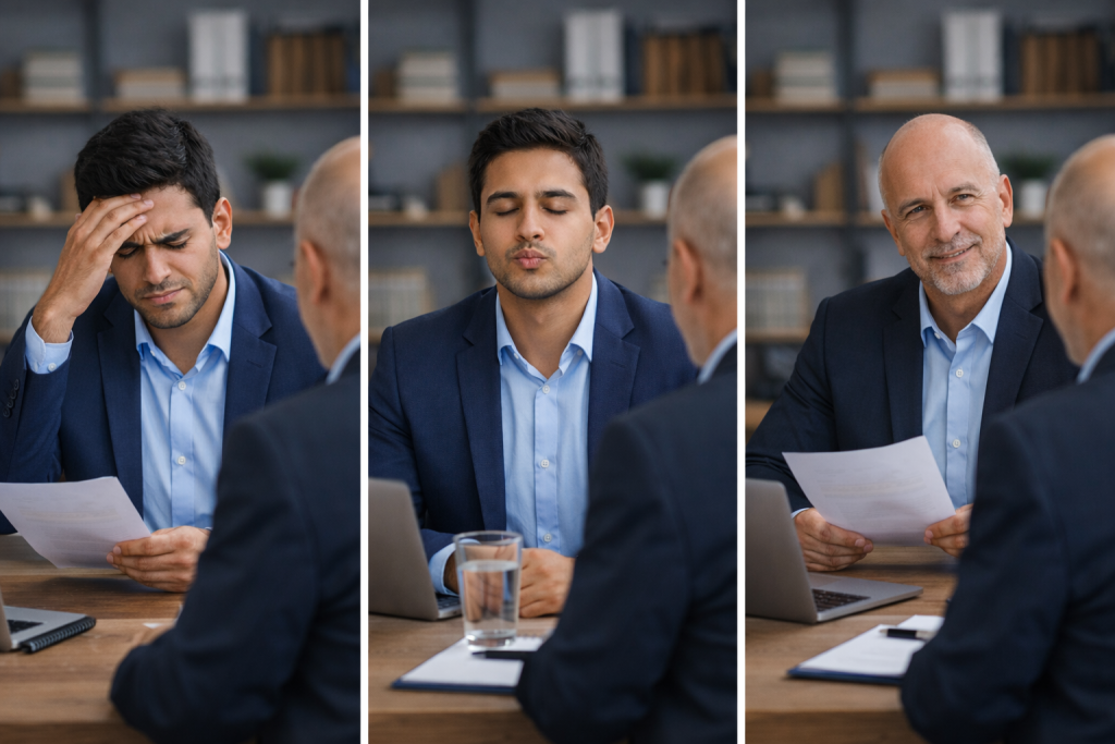 A two-person animated interview scene showing a young professional progressing from nervousness to composure. In the first panel, the candidate looks anxious while holding a notepad across the table from the attentive interviewer. In the second panel, the candidate is calm and smiling, speaking confidently, while the interviewer listens supportively. The office setting is simple and professional with a laptop, glass of water, and notepad.