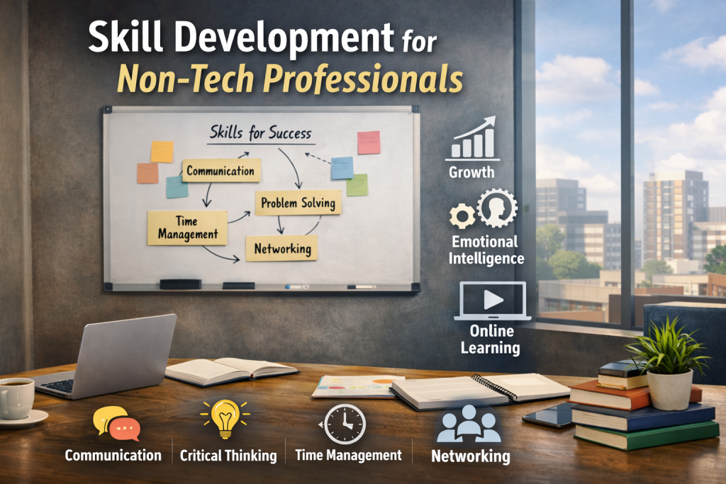 Animated office workspace with no people, showing a desk with a laptop, books, notebook, coffee cup, and plant. A whiteboard displays key skills like communication, problem solving, time management, and networking under the heading “Skill Development for Non-Tech Professionals.” On the side, icons represent growth, emotional intelligence, and online learning, with a city view visible through a window.