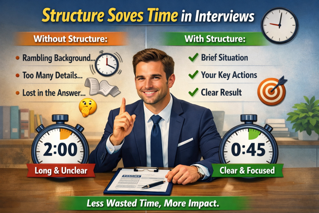 Animated infographic of a confident professional in an interview setting explaining how structured answers save time, with visual comparison of long unstructured responses versus clear, focused structured responses using clocks and checkmarks.