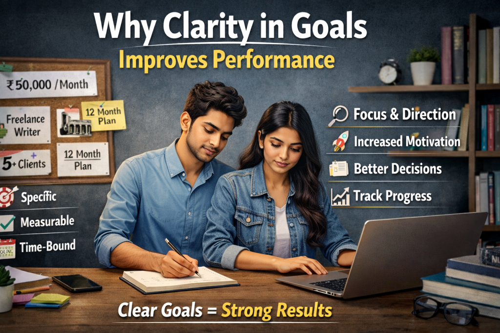 An animated illustration of a young man and woman working together at a desk with a laptop and notebook, surrounded by goal-setting visuals and icons showing focus, motivation, and progress tracking, symbolizing the impact of clear goals on performance.