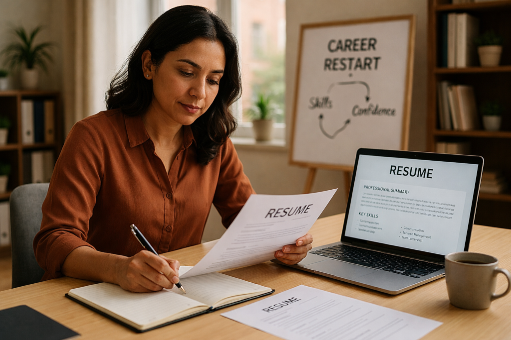 A woman in a light blue shirt sitting at a wooden desk, carefully editing her printed resume while her laptop screen shows “Resume – Career Restart Candidate,” with notes, certifications, and office supplies around her.